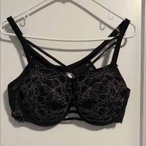 Black Floral Underwire Bra with Strappy Detail